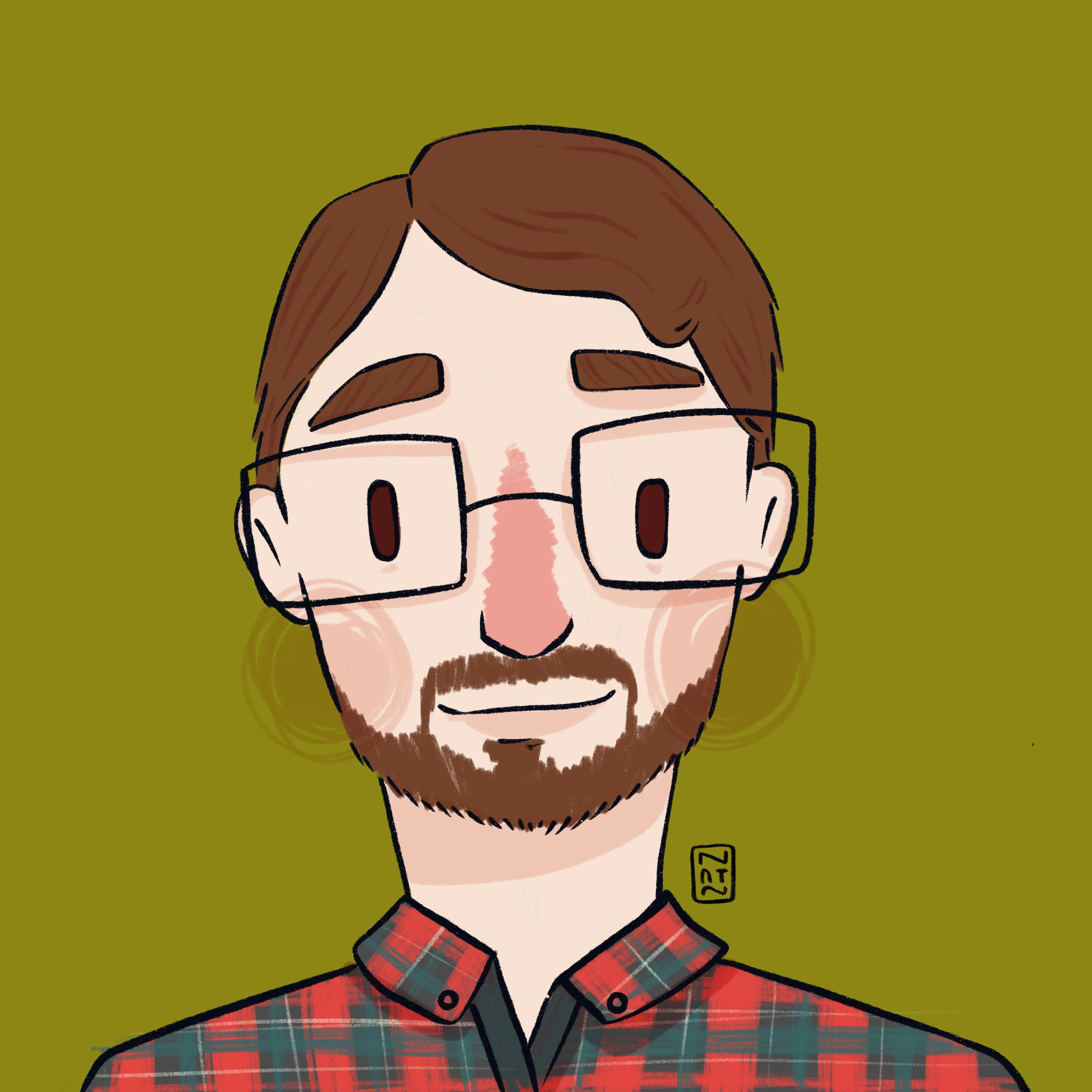 A cartoon-style portrait of a man with brown hair, glasses, and a beard wearing a red and green plaid flannel shirt against an olive green background.